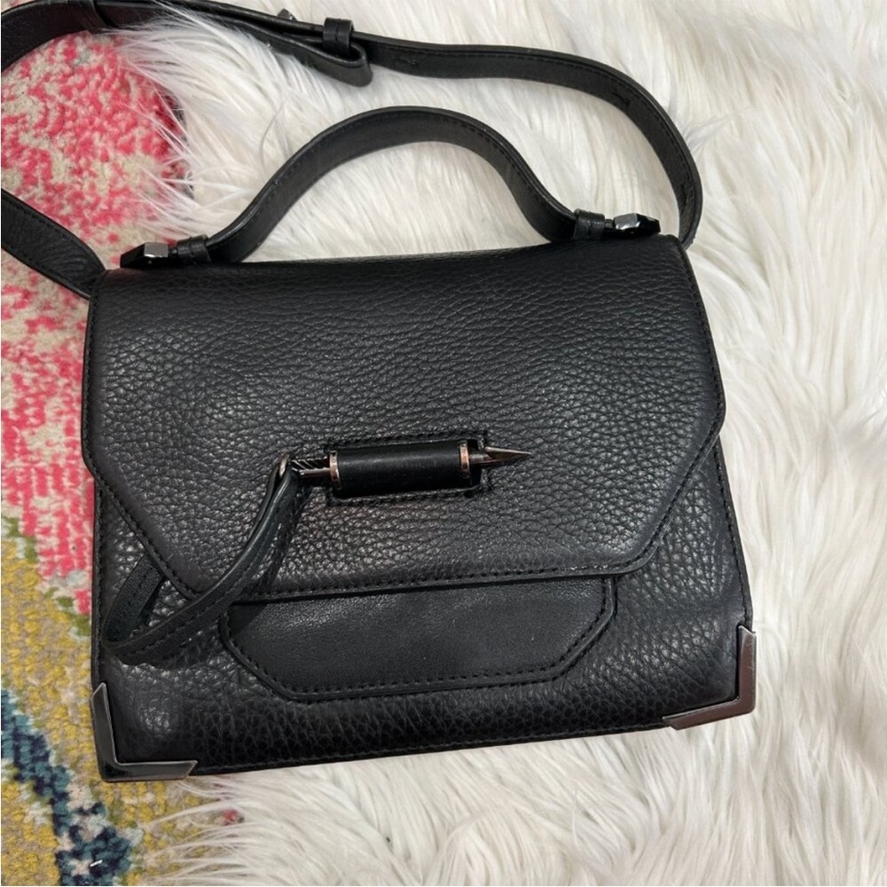 $375 Mackage Neutral Black Arrow Closure Top Handle Leather Rubie Bag Purse